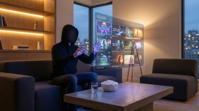 Un utilisateur anonyme interagit avec un grand écran holographique affichant des contenus de streaming dans un salon futuriste.