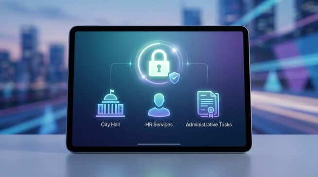 Image d'une tablette présentant un portail sécurisé pour les services de la ville (Mairie, RH, Tâches administratives).