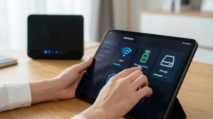 Mains d'une personne utilisant une tablette pour configurer sa Freebox, l'option "Remote Access" étant sélectionnée.