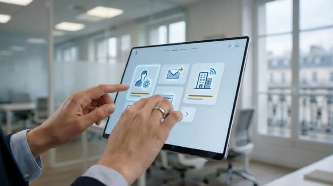 Mains interagissant avec une tablette affichant des icônes d'utilisateur, mail et intranet. Cadre de bureau moderne avec vue sur Paris.