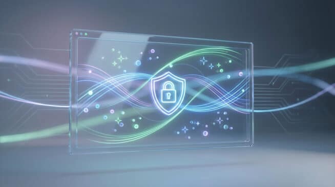 Illustration 3D d'un bouclier numérique lumineux avec cadenas sur un écran transparent, symbolisant la sécurité en ligne.