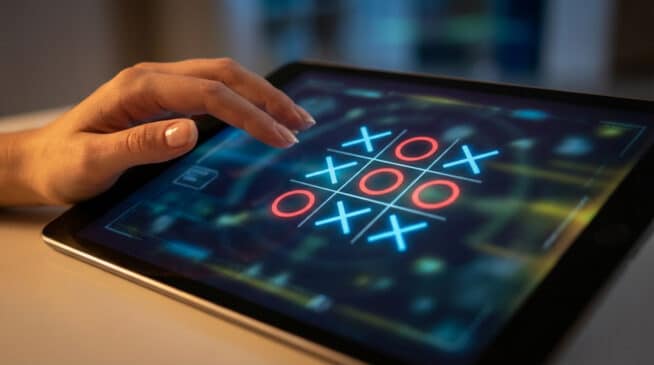 Une main joue au Morpion sur une tablette. L'écran affiche une grille avec des symboles X bleus et O rouges.