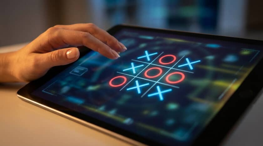 Une main joue au Morpion sur une tablette. L'écran affiche une grille avec des symboles X bleus et O rouges.