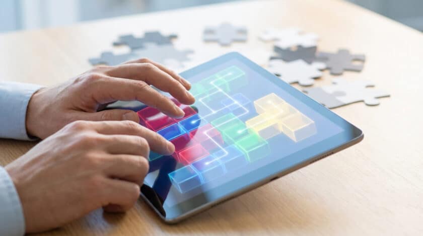 Mains interagissant avec un puzzle de blocs lumineux sur une tablette, avec des pièces de puzzle physiques en arrière-plan.