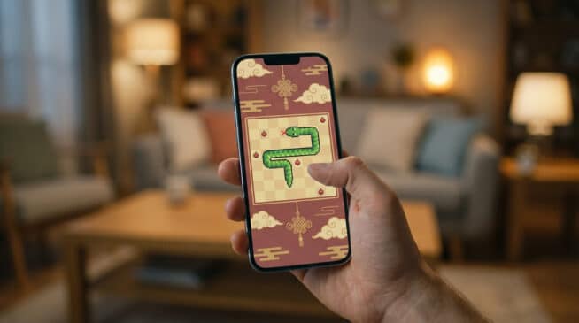 Main jouant au jeu du serpent pixelisé sur smartphone. L'écran montre un serpent vert et des pommes sur un fond de Nouvel An chinois.