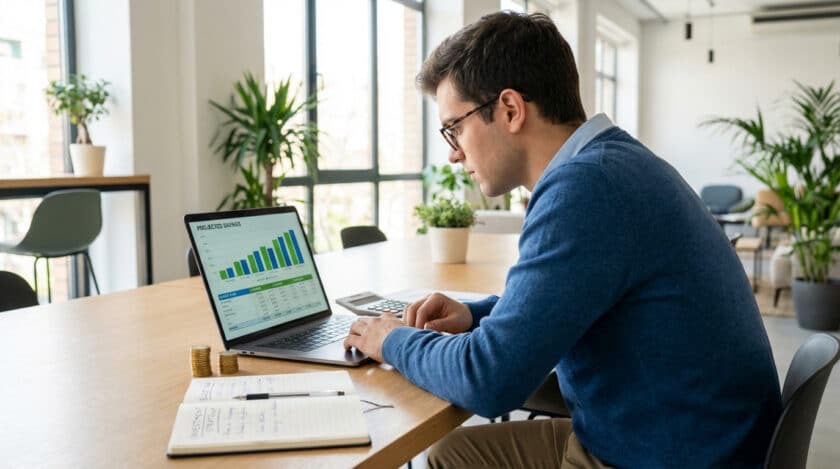 Un jeune homme en pull bleu analyse des graphiques d'épargne projetée sur son laptop, avec des pièces et un carnet.