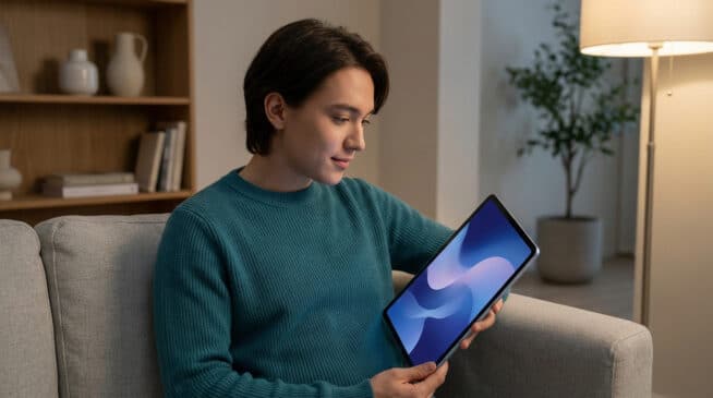 Un jeune homme est assis sur un canapé, absorbé par l'écran de sa tablette. Un salon confortable avec étagère et plante en arrière-plan.