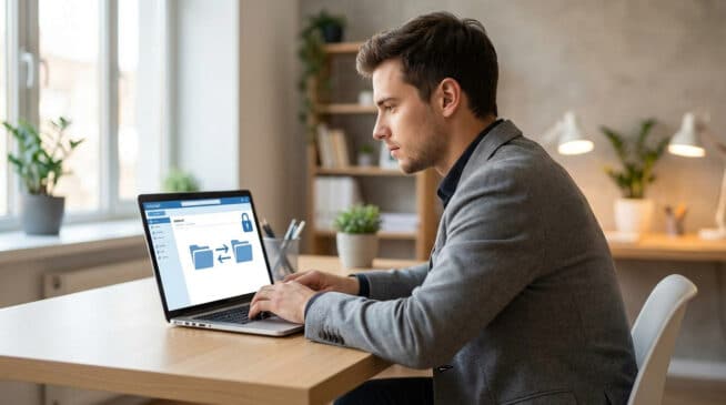 Jeune homme concentré utilise un laptop affichant une interface webmail sécurisée avec des icônes de dossiers et un cadenas.