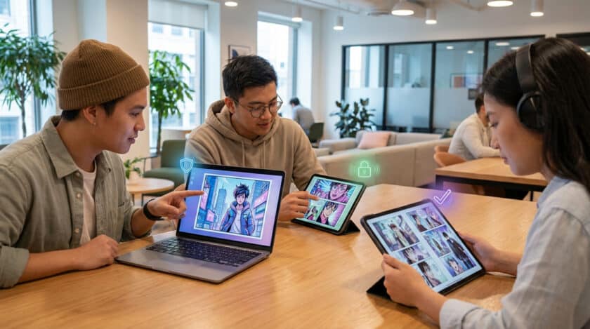 Trois jeunes lisent des bandes dessinées numériques sur ordi portable et tablettes, avec des icônes de fiabilité et sécurité.