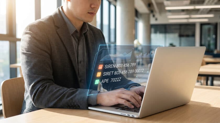Un homme tape sur un ordinateur portable, avec une interface holographique affichant des numéros SIREN, SIRET et APE, dans un bureau moderne.