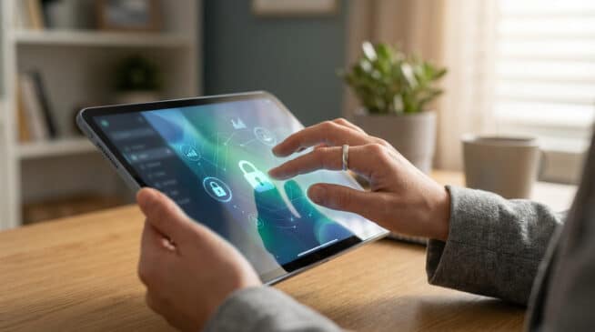Une personne utilise une tablette affichant un grand cadenas lumineux et des icônes de réseau, symbolisant la connexion sécurisée.