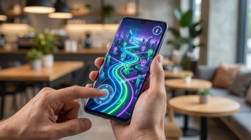 Deux mains tiennent un smartphone affichant une carte stylisée avec des chemins néon et un joystick virtuel pour changer de localisation.
