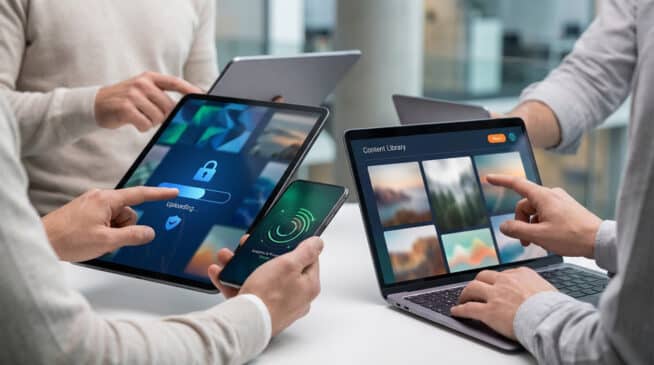 Des personnes utilisent des tablettes, un smartphone et un ordinateur portable pour le partage et la gestion sécurisée de contenu numérique.