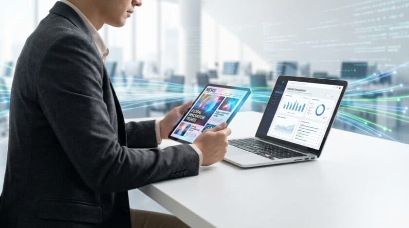 Homme consultant une tablette affichant des actualités et un ordinateur portable avec des graphiques d'engagement, symbolisant l'analyse de données.