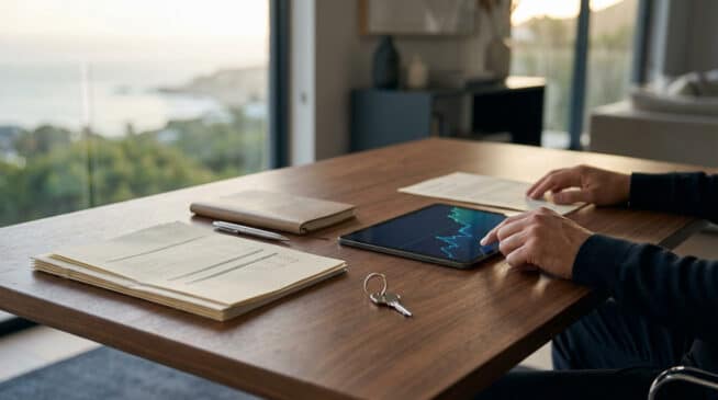Vue rapprochée d'un homme consultant un graphique financier sur une tablette, avec des documents et des clés sur une table en bois.