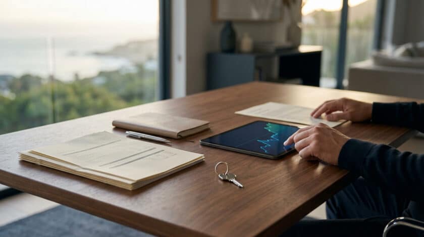 Vue rapprochée d'un homme consultant un graphique financier sur une tablette, avec des documents et des clés sur une table en bois.