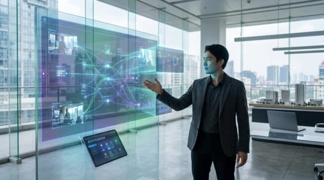 Jeune homme asiatique interagit avec des interfaces holographiques affichant données et vidéos dans un bureau high-tech.