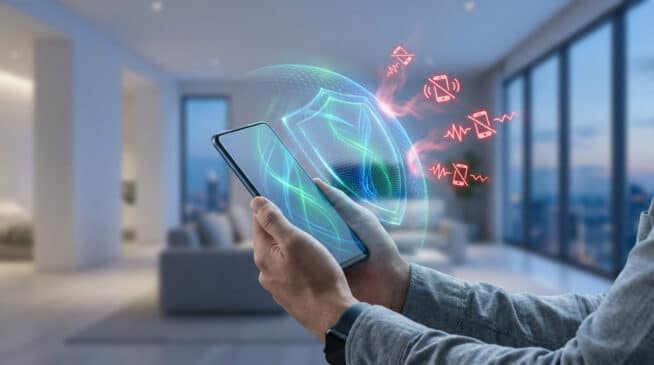 Mains tenant un smartphone avec bouclier numérique repoussant des icônes d'appels indésirables, en intérieur moderne.