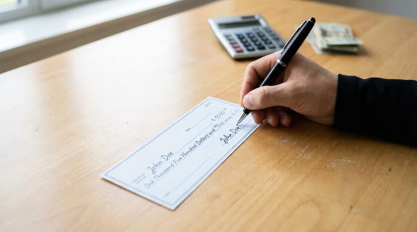 Main remplissant un chèque de 1500 $ au nom de John Doe avec un stylo. Une calculatrice et de l'argent sont visibles en arrière-plan.