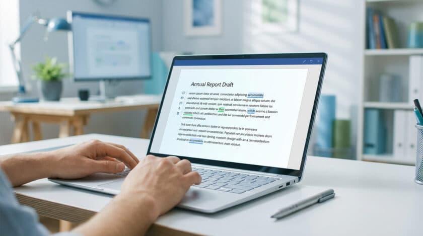 Mains d'une personne tapant sur un ordinateur portable. L'écran affiche un brouillon avec des corrections orthographiques.