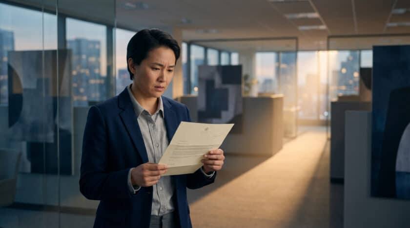 Femme en costume lisant attentivement une lettre cruciale avec une expression préoccupée dans un bureau baigné de lumière au crépuscule.
