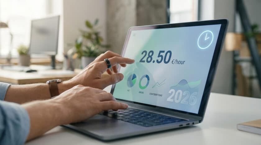 Mains sur un laptop affichant "28.50 €/heure", des graphiques (net, brut, cotisations) et l'année 2026, simulant un calcul de salaire.