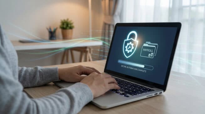 Sur un ordinateur portable, un cadenas et un dossier 'PAYROLL' symbolisent l'accès sécurisé aux bulletins de paie numériques.