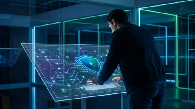 Un homme interagit avec un écran tactile transparent affichant un bouclier de cybersécurité lumineux et un circuit imprimé.