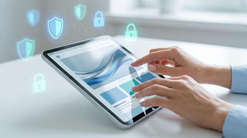 Mains utilisant une tablette tactile avec des icônes de boucliers et cadenas flottant, symbolisant la sécurité en ligne.