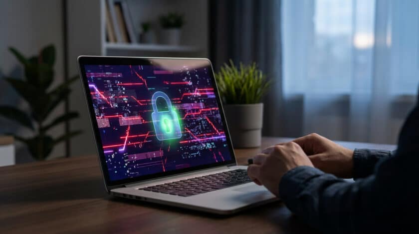 Une personne utilise un laptop dont l'écran affiche un cadenas lumineux vert sur un fond de données, symbolisant la sécurité des services en ligne.