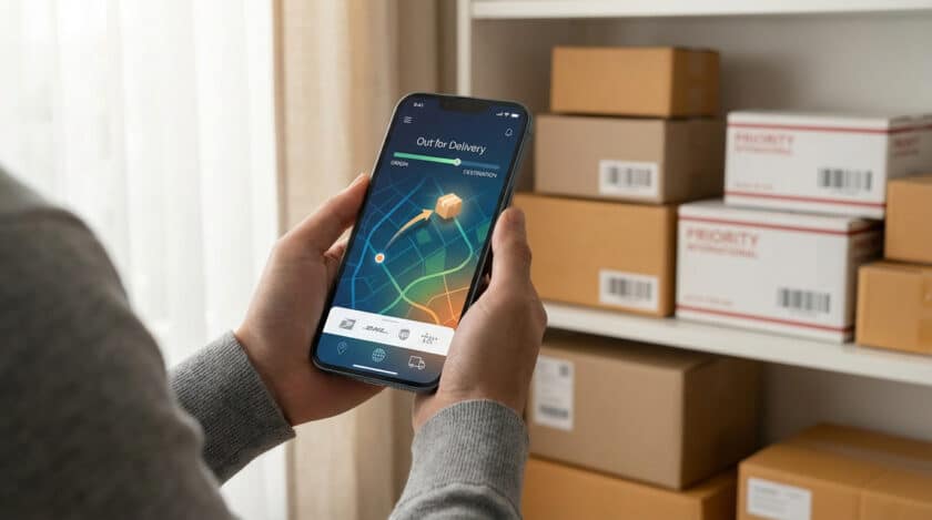 Mains tenant un smartphone affichant une application de suivi de colis en cours de livraison, avec des boîtes en arrière-plan.