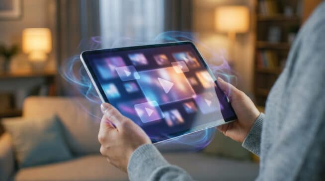 Une personne tient une tablette affichant des vignettes vidéo et des icônes de lecture, avec une aura lumineuse. Le fond est un salon flou.