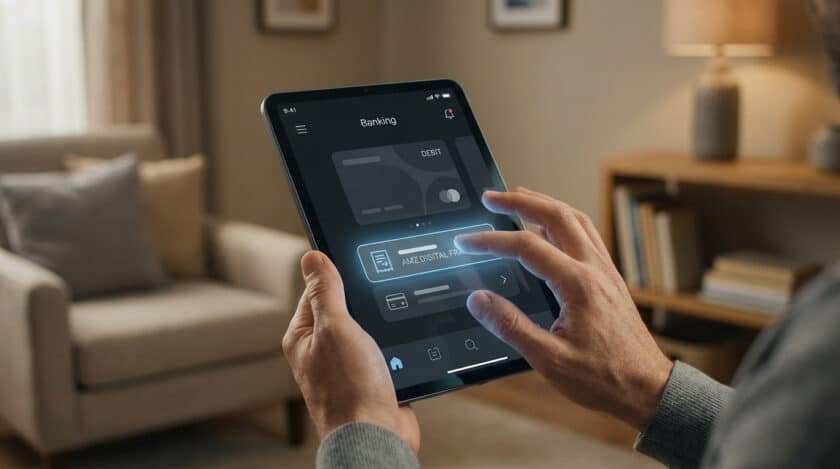 Mains tenant une tablette affichant une application bancaire avec un prélèvement "AMZ DIGITAL FRA" en surbrillance.