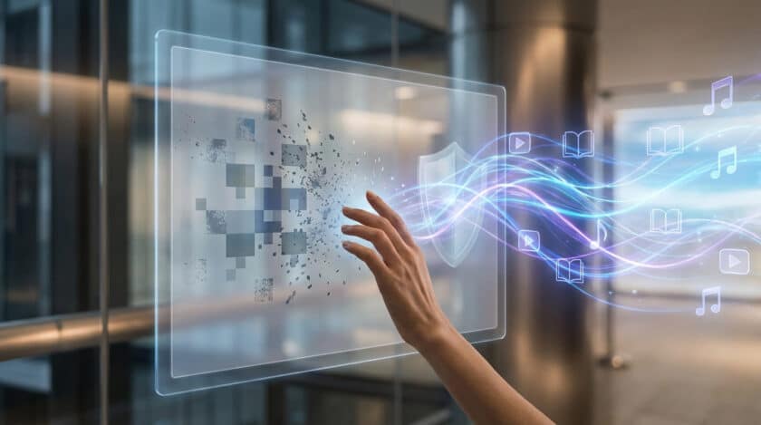 Main touche écran numérique transparent. Données fragmentées, bouclier de sécurité, icônes (musique, vidéo, livres) flottent. Représente service digital sécurisé.
