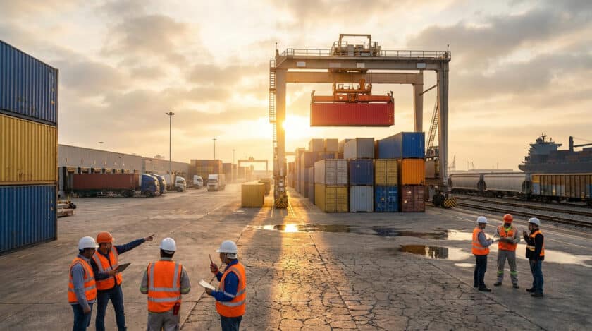 Équipe logistique en gilets de sécurité sur un terminal de conteneurs au coucher du soleil, avec grue portuaire en arrière-plan.
