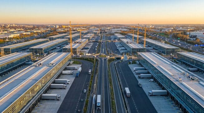 Vue aérienne du parc logistique Garonor avec des entrepôts, des camions et des grues au crépuscule.