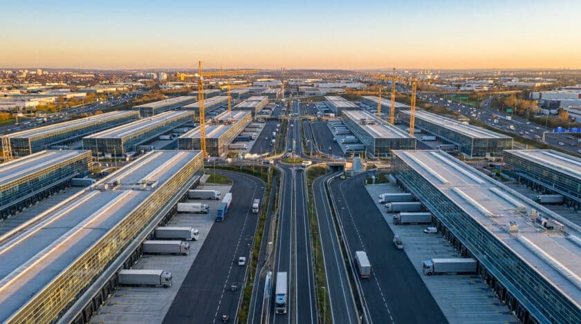 Vue aérienne du parc logistique Garonor avec des entrepôts, des camions et des grues au crépuscule.