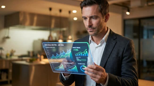 Un homme d'affaires consulte des données financières sur une tablette numérique transparente dans un bureau moderne.