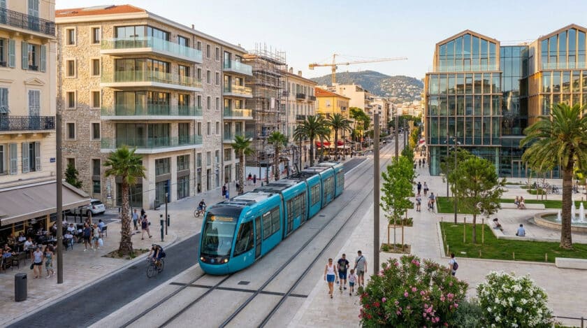Tramway bleu circulant dans une rue moderne et végétalisée de Nice avec des piétons et des immeubles contemporains.