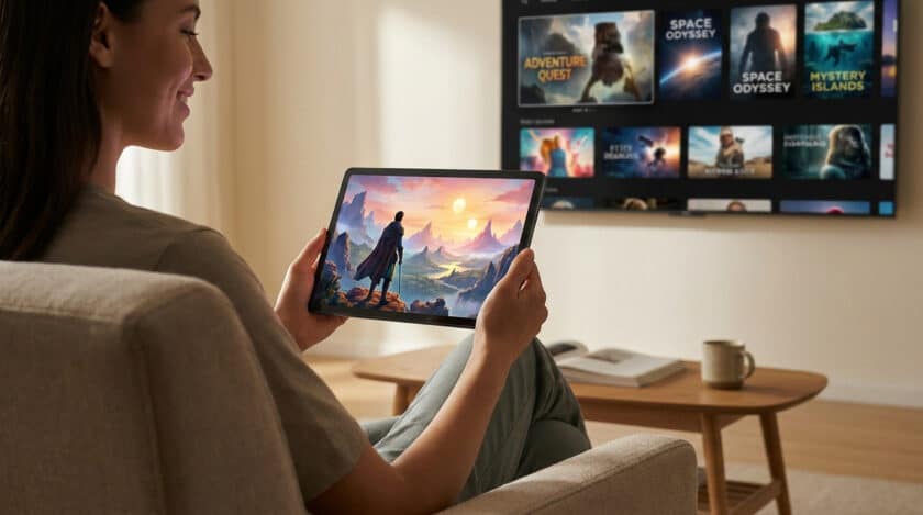 Une femme souriante regarde un film fantastique sur une tablette numérique dans un salon confortable.