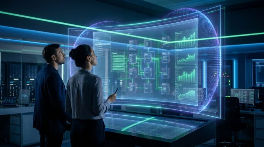 Deux ingénieurs analysent des flux de données complexes sur un écran holographique interactif dans un centre de serveurs.
