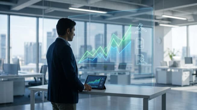 Un homme d'affaires consulte des données financières sur une tablette projetant un graphique holographique dans un bureau.