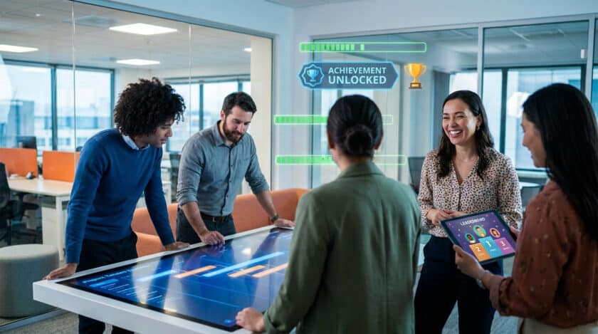 Une équipe en réunion utilisant une table tactile interactive avec des éléments de gamification en réalité augmentée.