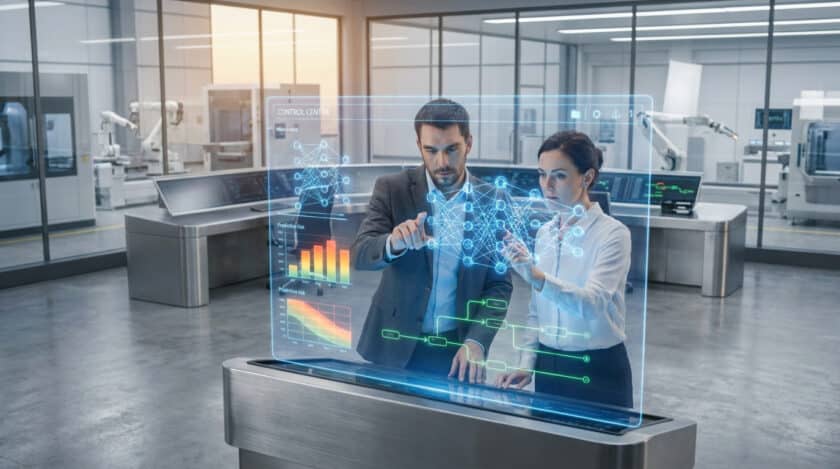 Deux professionnels analysent des données de risques sur une interface holographique dans une usine automatisée.