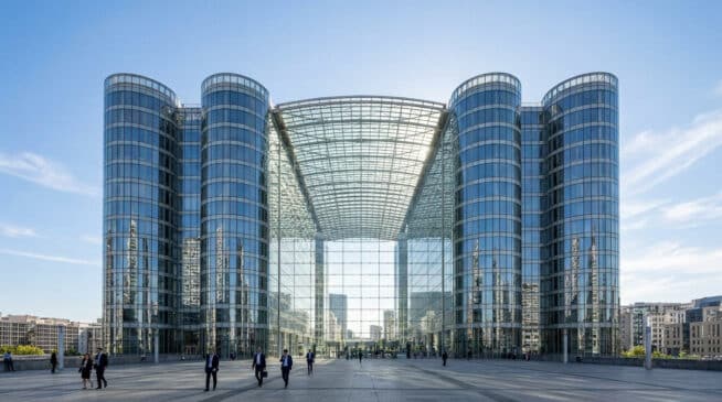 Vue frontale de l'immeuble Cœur Défense à Paris avec ses deux tours vitrées et son atrium monumental sous un ciel bleu.