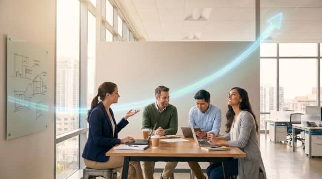Une équipe de professionnels en réunion autour d'une table avec une flèche lumineuse ascendante symbolisant la croissance.