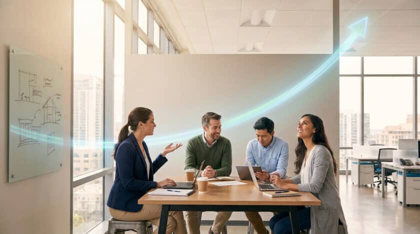 Une équipe de professionnels en réunion autour d'une table avec une flèche lumineuse ascendante symbolisant la croissance.
