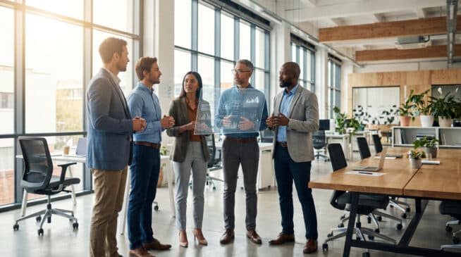 Une équipe diversifiée de professionnels discute autour d'une interface de données holographique dans un bureau moderne.