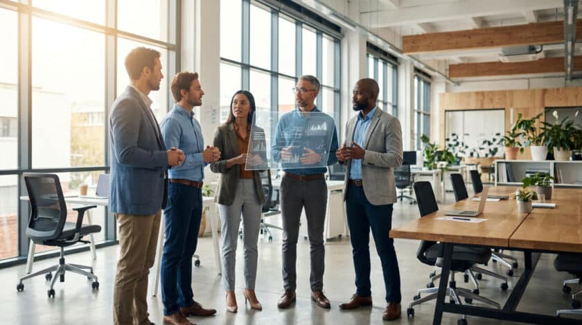 Une équipe diversifiée de professionnels discute autour d'une interface de données holographique dans un bureau moderne.