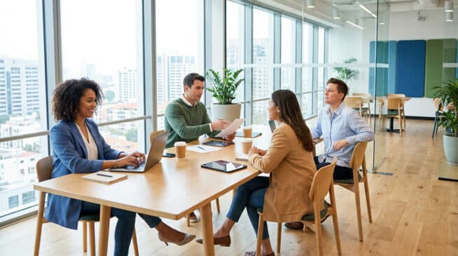 Quatre jeunes professionnels travaillent ensemble autour d'une table dans un bureau moderne et lumineux.